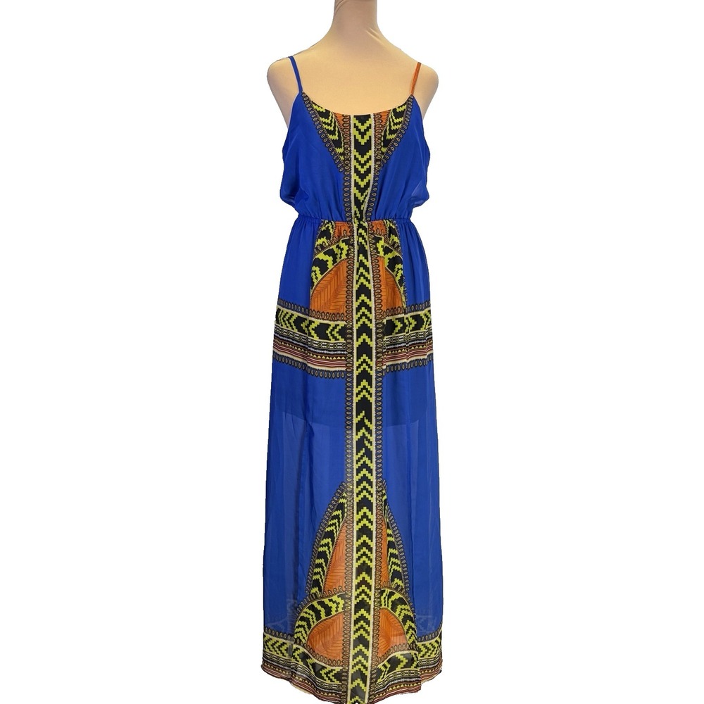 Fire Los Angeles Woman's Maxi Dress Size M Blue Tribal Geometric Boho Festival